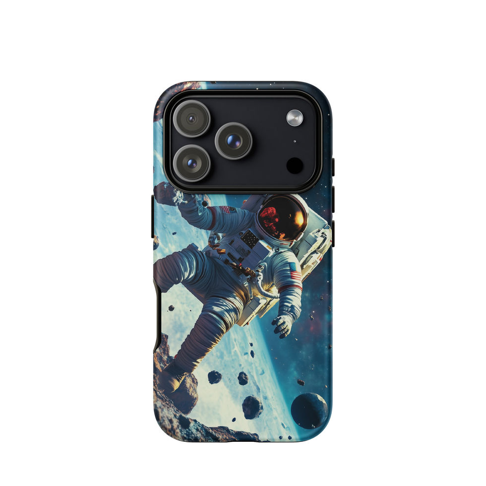 Asteroid Drift tough case for iPhone 17 Pro, astronaut and drifting rocks on a blue space background