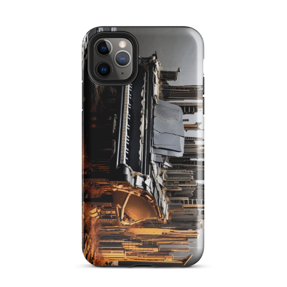 Urban Symphony protective iPhone Tough Case close-up beside a keyboard, showing the piano and city artwork, image 4.