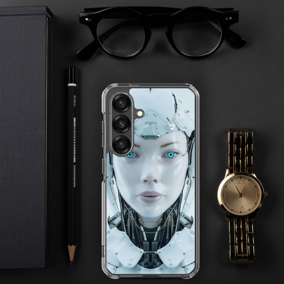 AI Celestia science-fiction portrait on a clear Samsung phone case – transparent-edge phone preview