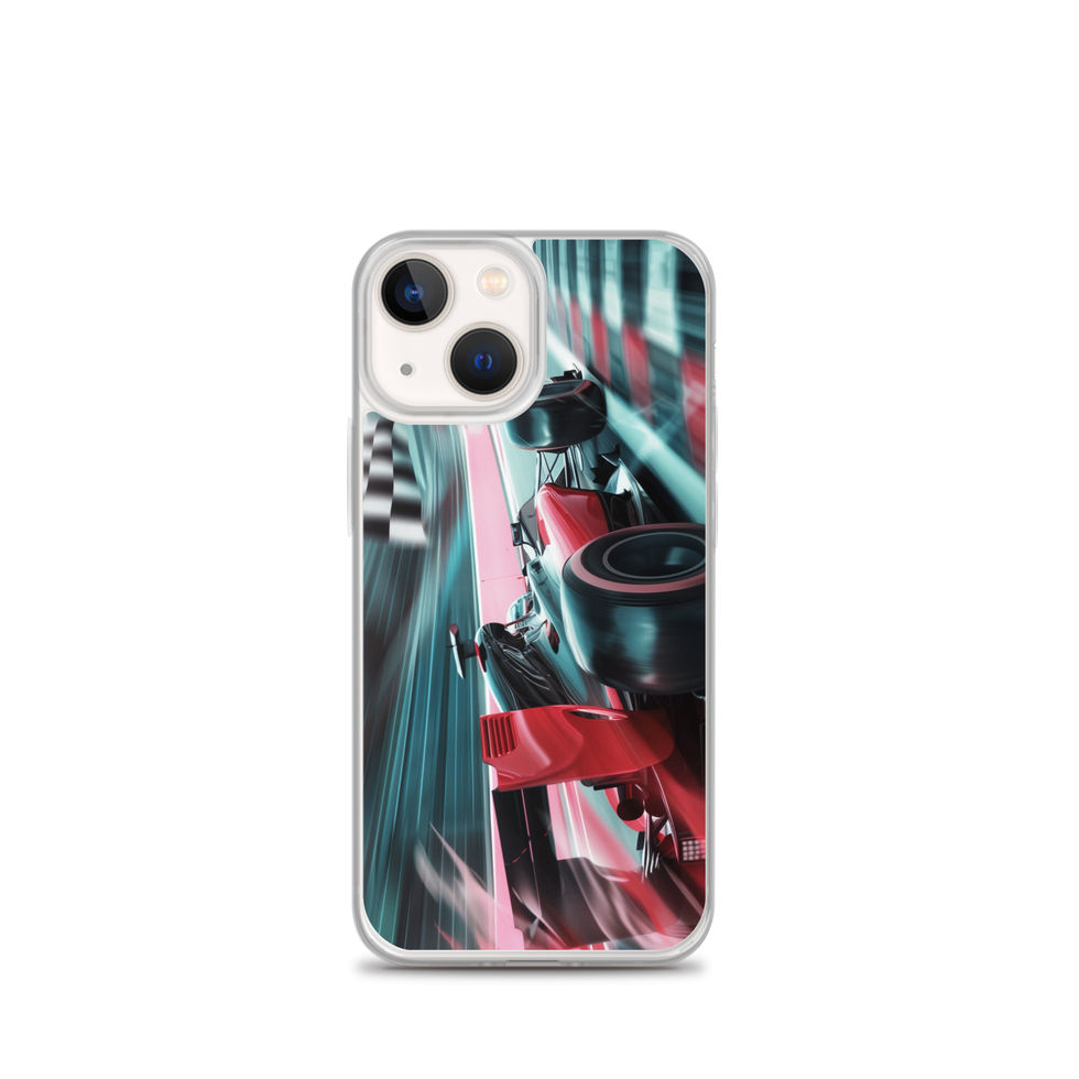 Finish Line Fury Clear case for iPhone 13 mini, red race car and teal streaks, phone and case on white