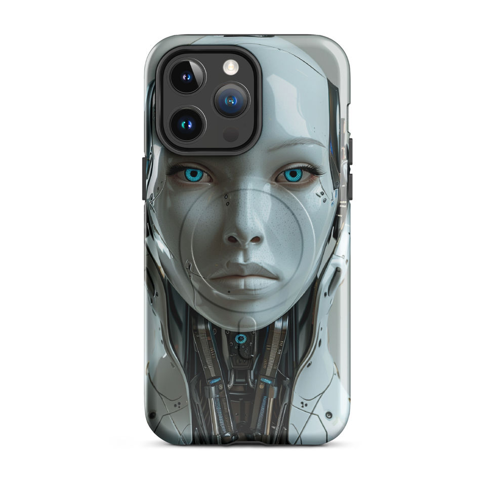 Symmetrical robot woman with blue-cyan eye light; front product view on an iPhone® MagSafe Tough Case.
