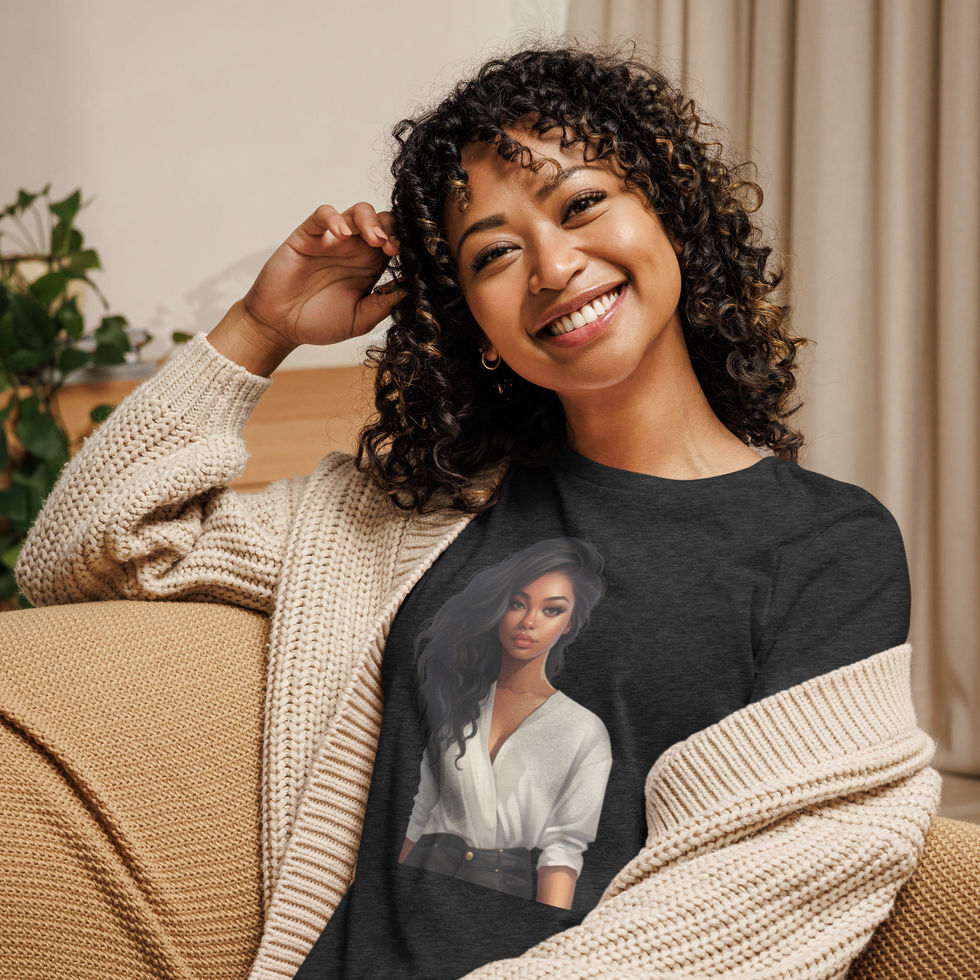 Confident Glow: dark grey women's relaxed T-shirt with a dark-haired woman in a white blouse, worn by seated woman