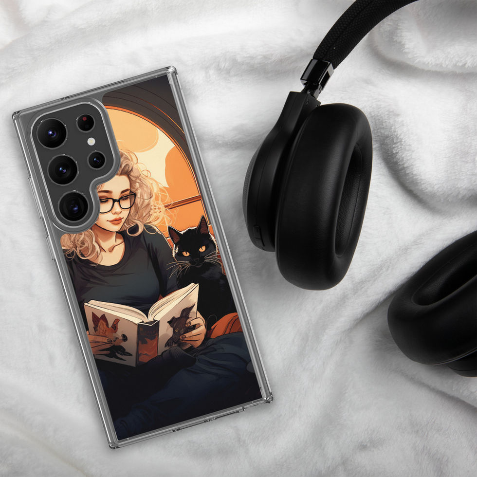 Printed back of Literary Haven Samsung clear case showing arched orange backdrop