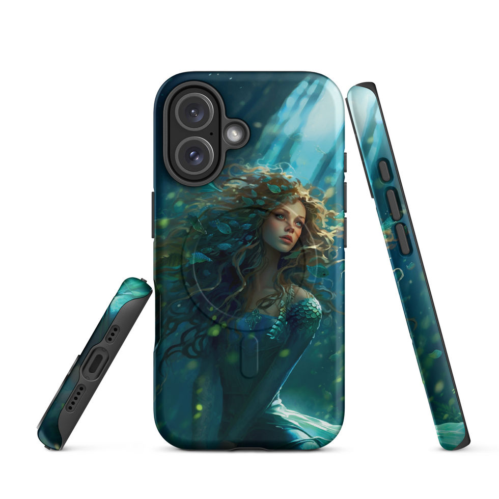 Ocean Enchantress MagSafe iPhone case shown with its side profile, featuring an ocean figure surrounded by green-blue tones.