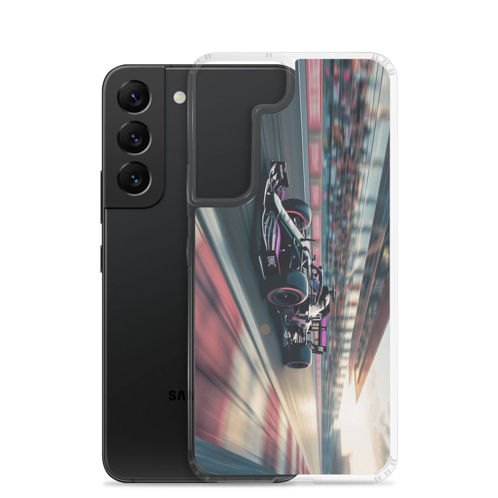 Black n Purple Power Clear case for Galaxy S22, black and purple race car artwork, phone and case on white