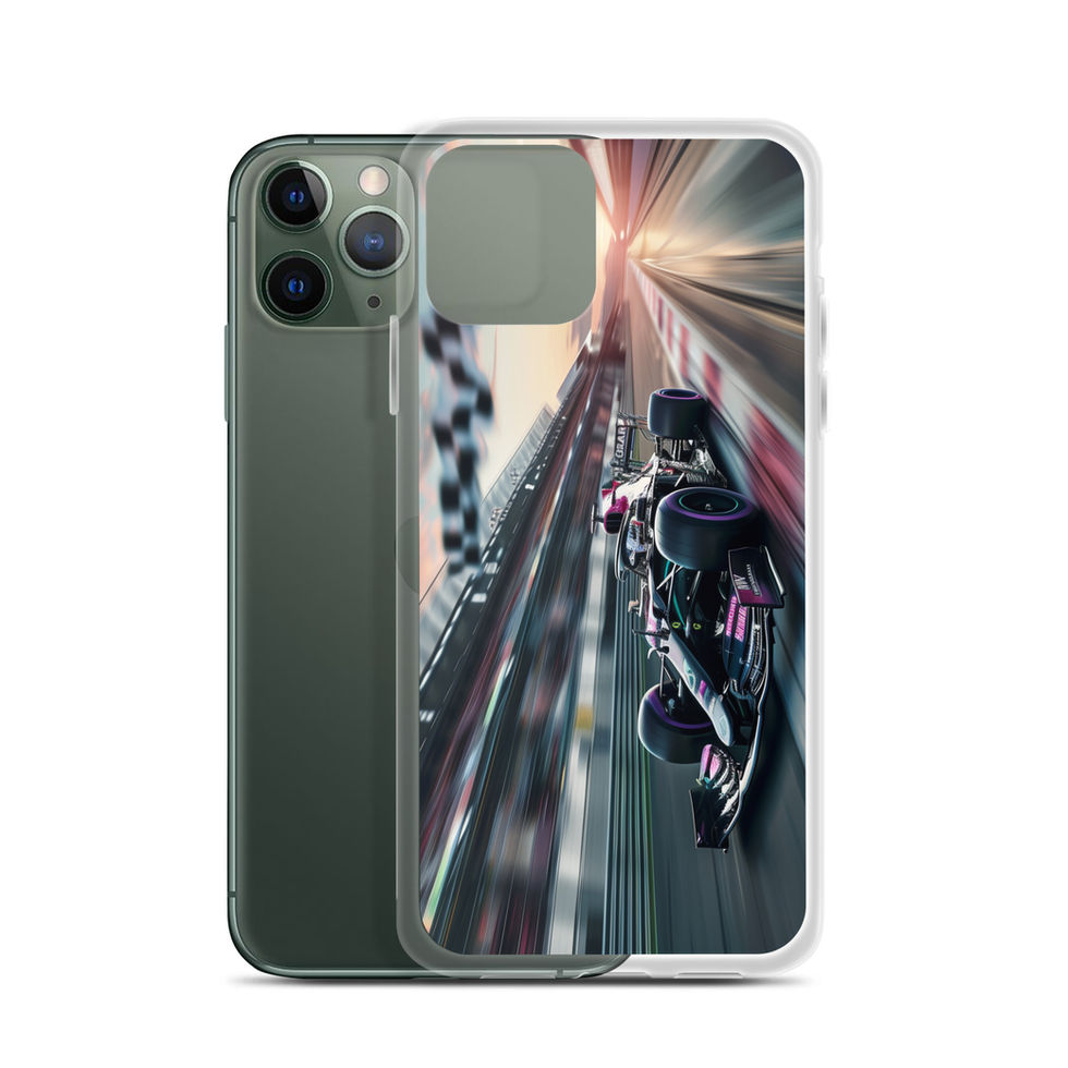 Midnight Velocity Clear case for iPhone 11 Pro, race car and night lights, phone and case on white