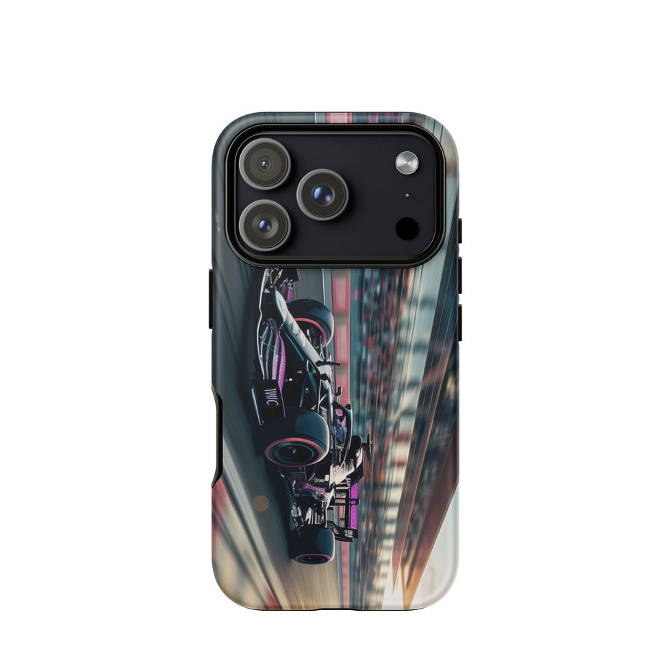 Black n Purple Power Tough case for iPhone 17 Pro, black and purple race car artwork, rear view on white