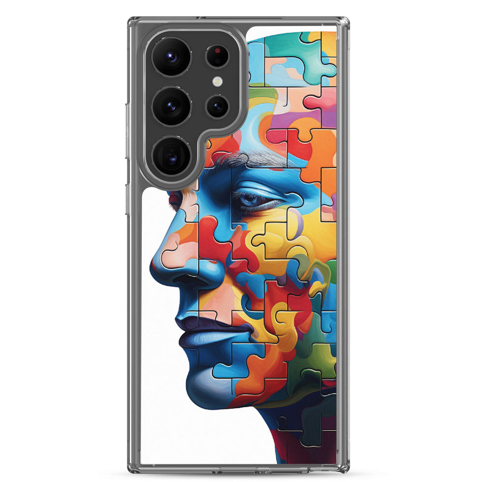 Mind in Pieces clear Samsung phone case with fractured portrait artwork, back view