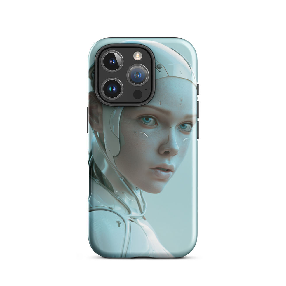 Elegant female AI face framed by ivory armour; angled case mockup on an iPhone® Tough Case.