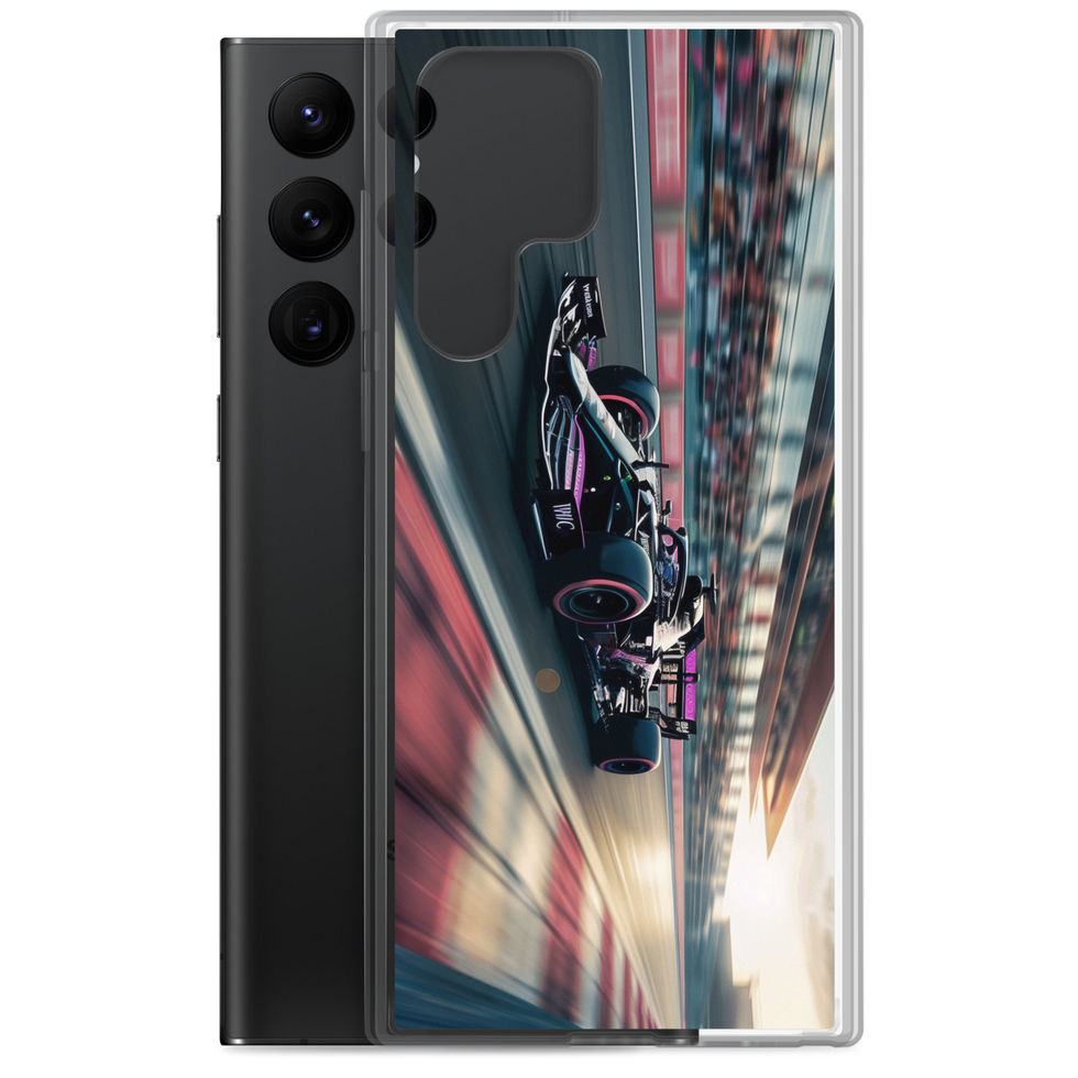 Black n Purple Power Clear case for Galaxy S22 Ultra, black and purple race car artwork, phone and case on white