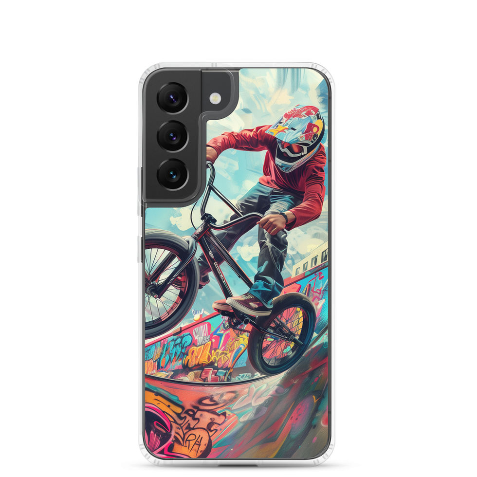 Urban Thrill Clear case for Galaxy S22, BMX rider above graffiti ramp, rear view on white background
