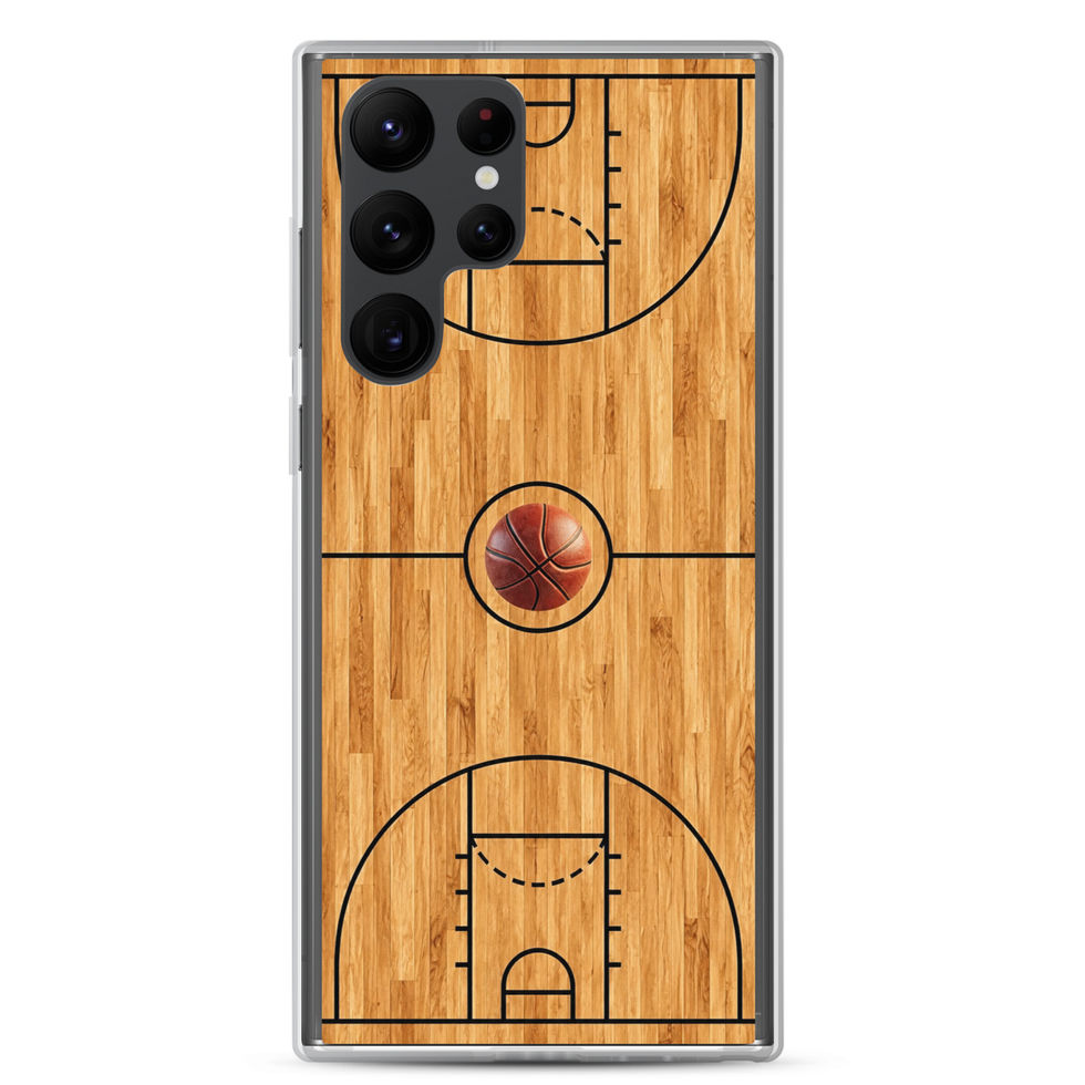 Grain & Game Clear case for Galaxy S22 Ultra, wood court and centre basketball artwork, rear view on white