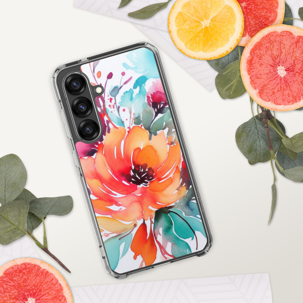 Burnt Bloom Rhapsody clear floral phone case for Samsung Galaxy S21, angled view showing the clear edges and camera opening