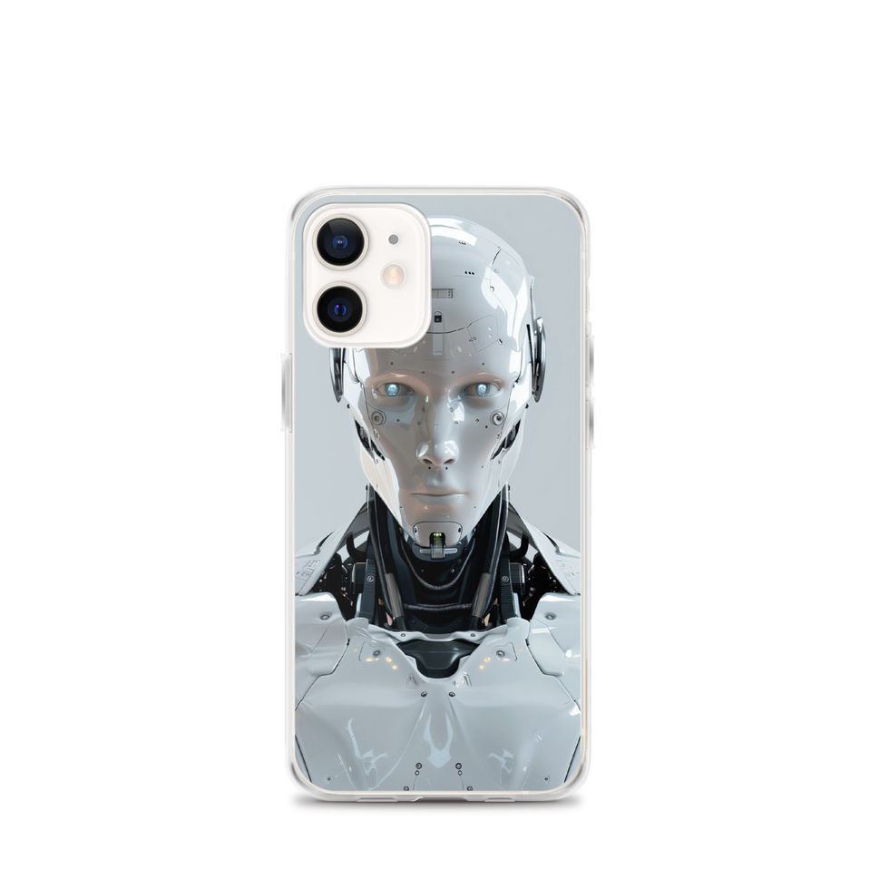silver and black robot art on iPhone clear protective case, product mockup with camera cutout visible