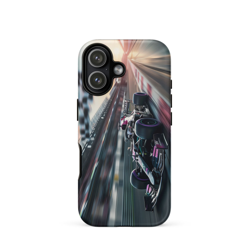Midnight Velocity Tough case for iPhone 17, race car and night lights, rear view on white
