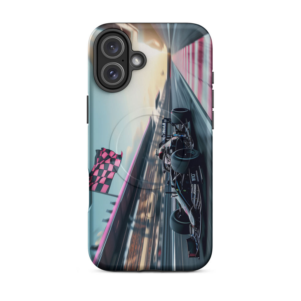 Blackout Champion MagSafe Tough case for iPhone 16 Plus, dark race car and pink flags, rear view on white