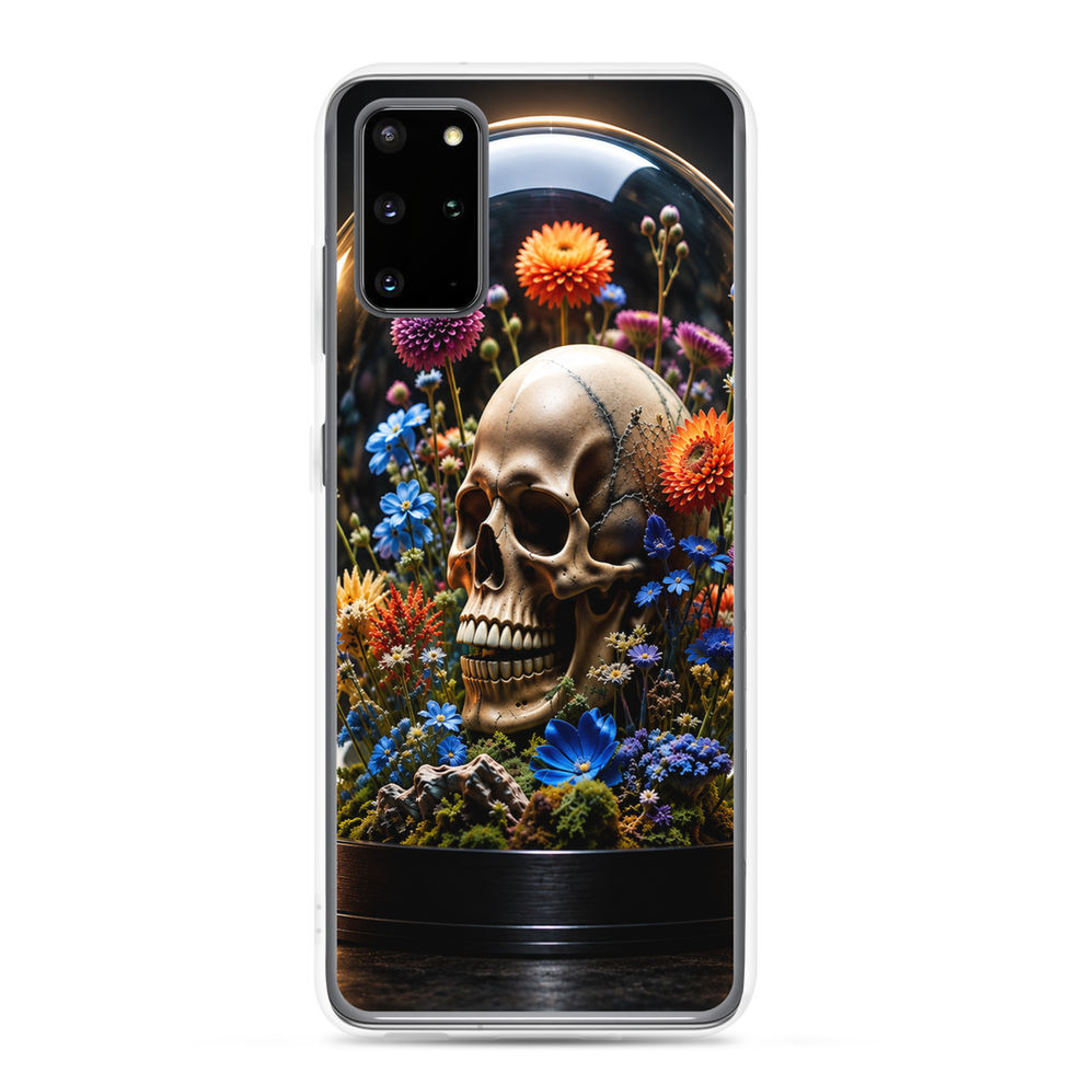 Floral Requiem Clear Samsung case showing ivory skull beneath a bright orange flower