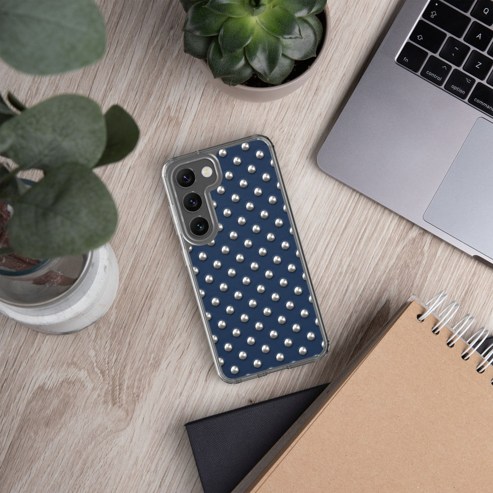 Midnight Silver Dots clear case for Samsung Galaxy S23, silver-look dots on navy blue, alternate view 3