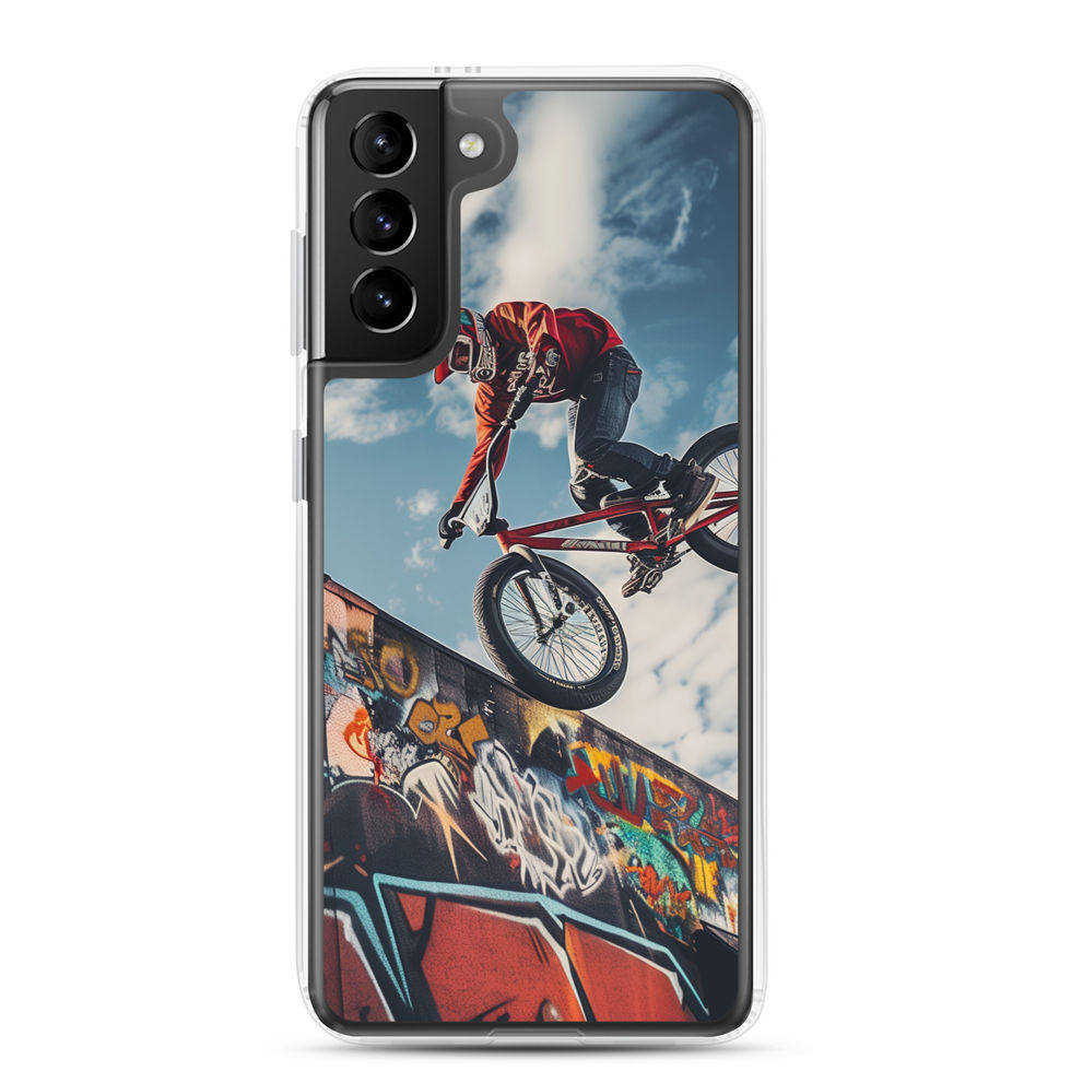 Graffiti Air Clear case for Galaxy S21 Plus, BMX rider above graffiti ramp, rear view on white