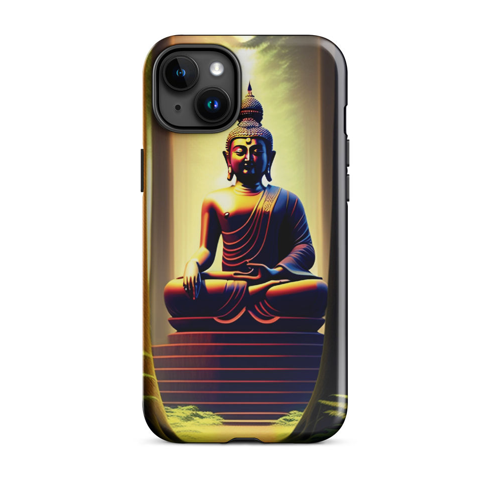 Praying Buddha iPhone tough case, rear view; symmetrical seated pose in a luminous setting.