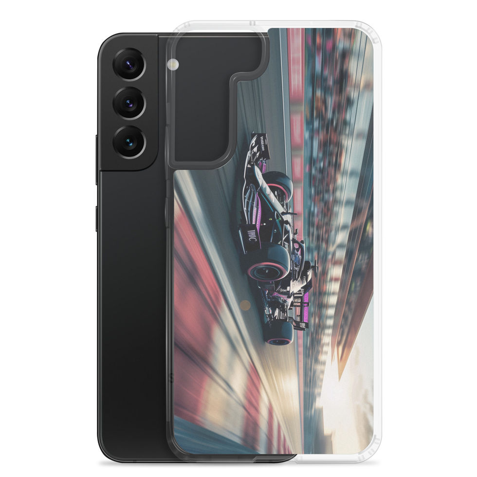 Black n Purple Power Clear case for Galaxy S22 Plus, black and purple race car artwork, phone and case on white