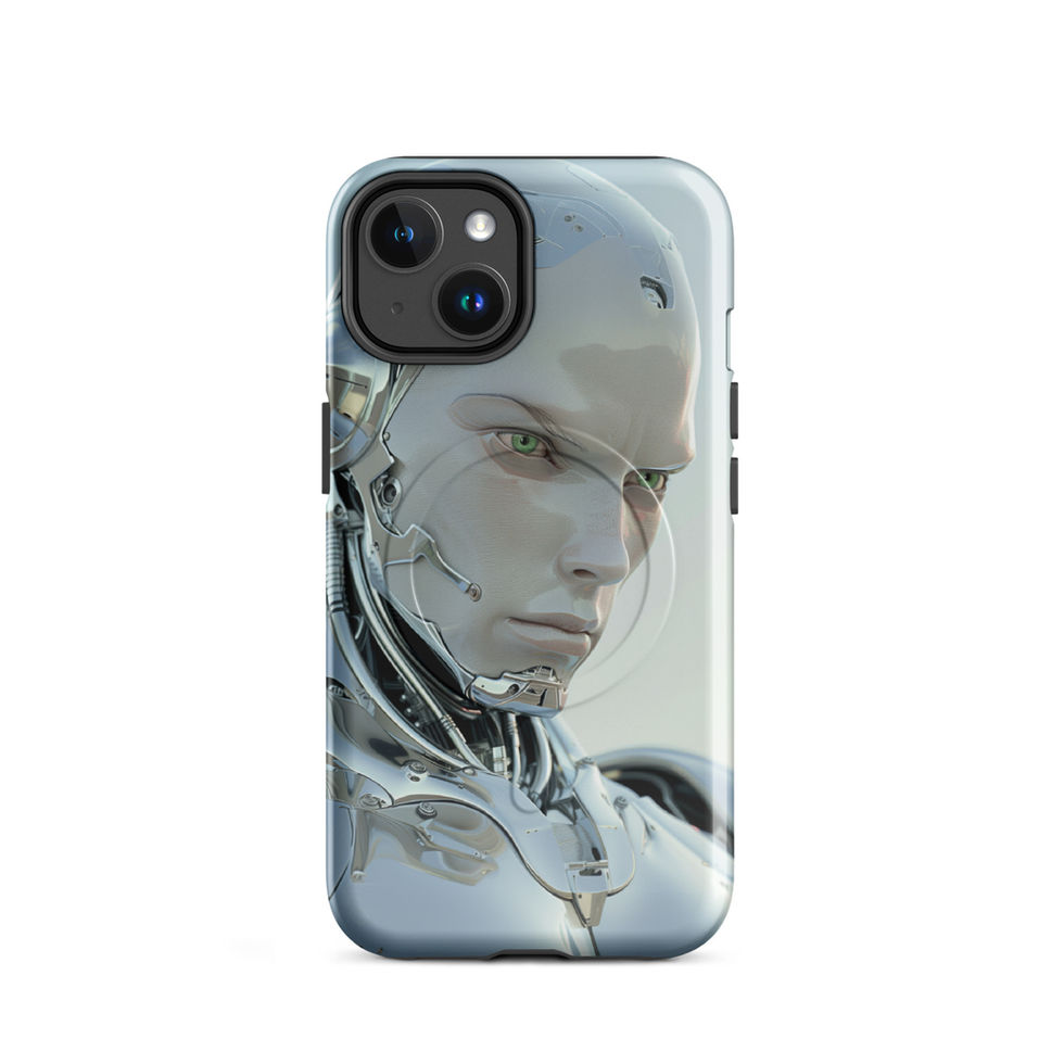 Chrome Sentinel MagSafe iPhone case — polished chrome humanoid portrait beside the iPhone camera opening