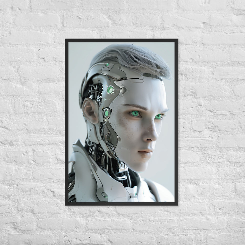 Neo-Futuristic Sentinel framed poster: pale robot portrait with swept-back grey hair and green eyes