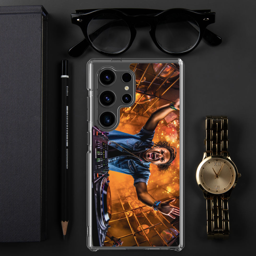 Cosmic DJ clear Samsung case featuring orange-and-blue DJ art, gallery image 46 of 50