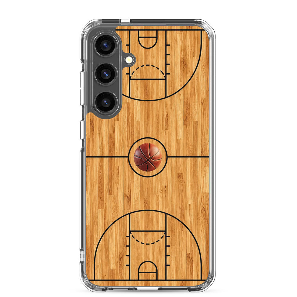 Grain & Game Clear case for Galaxy S24 Plus, wood court and centre basketball artwork, phone and case on white