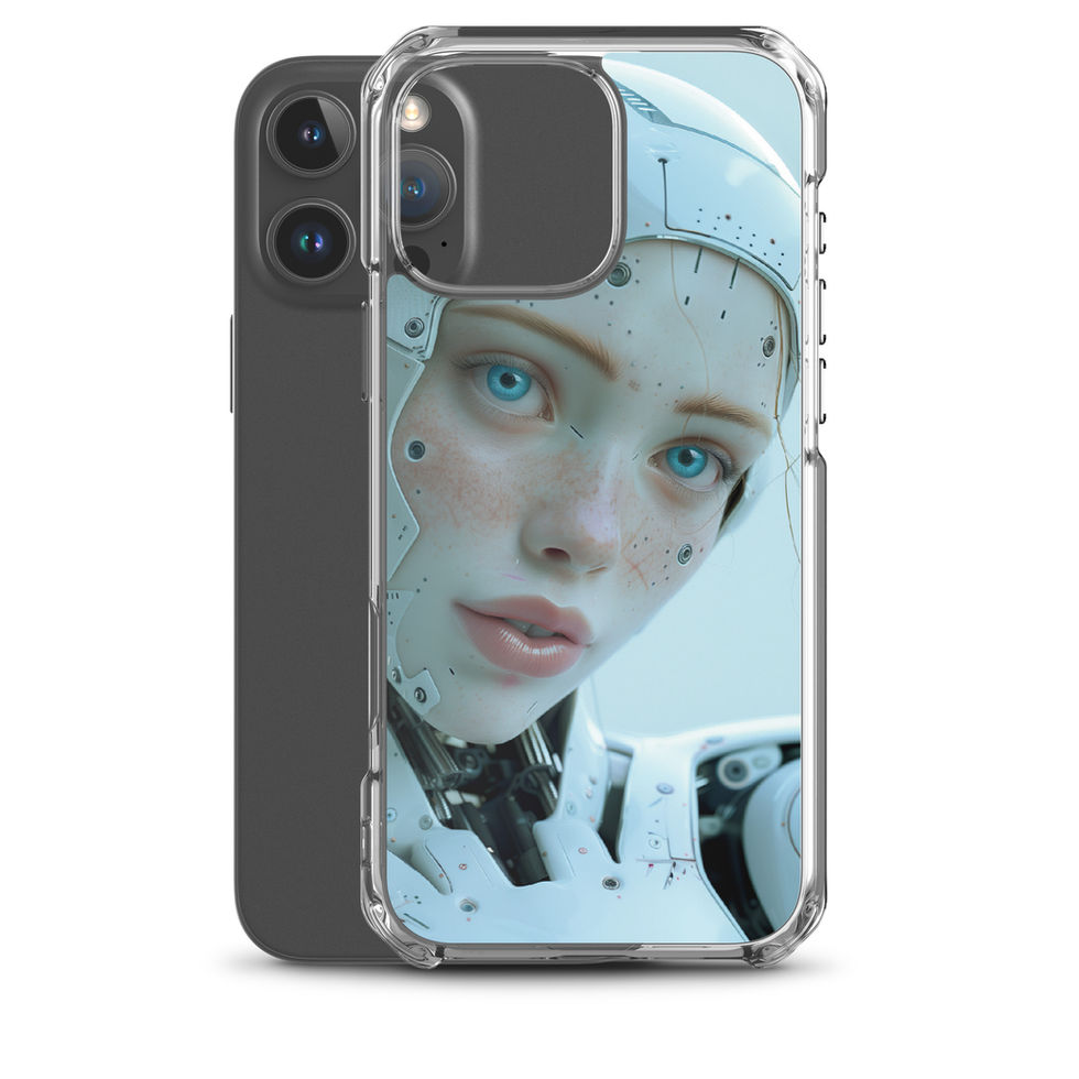 Calm blue-eyed android artwork on a clear protective phone shell – angled case mockup