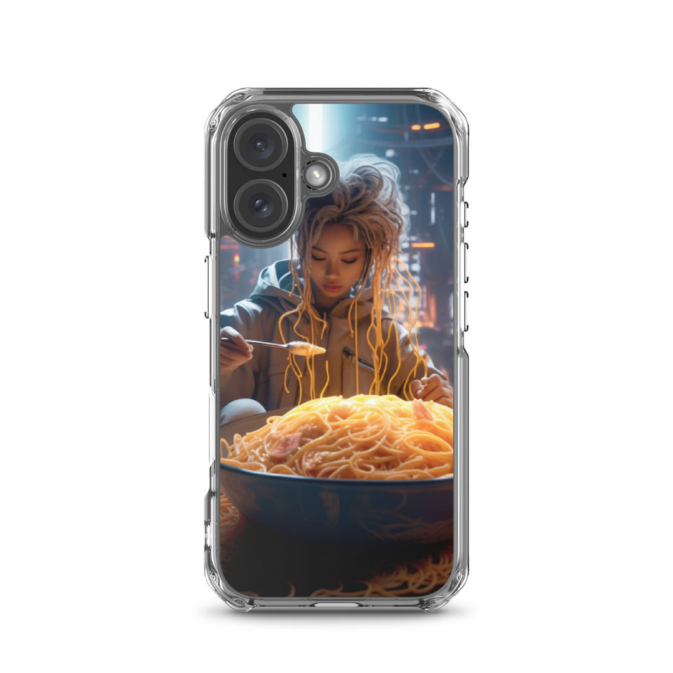 Cyber Noodle Feast clear iPhone case on a phone, rear portrait framed by noodle strands and drifting vapour.