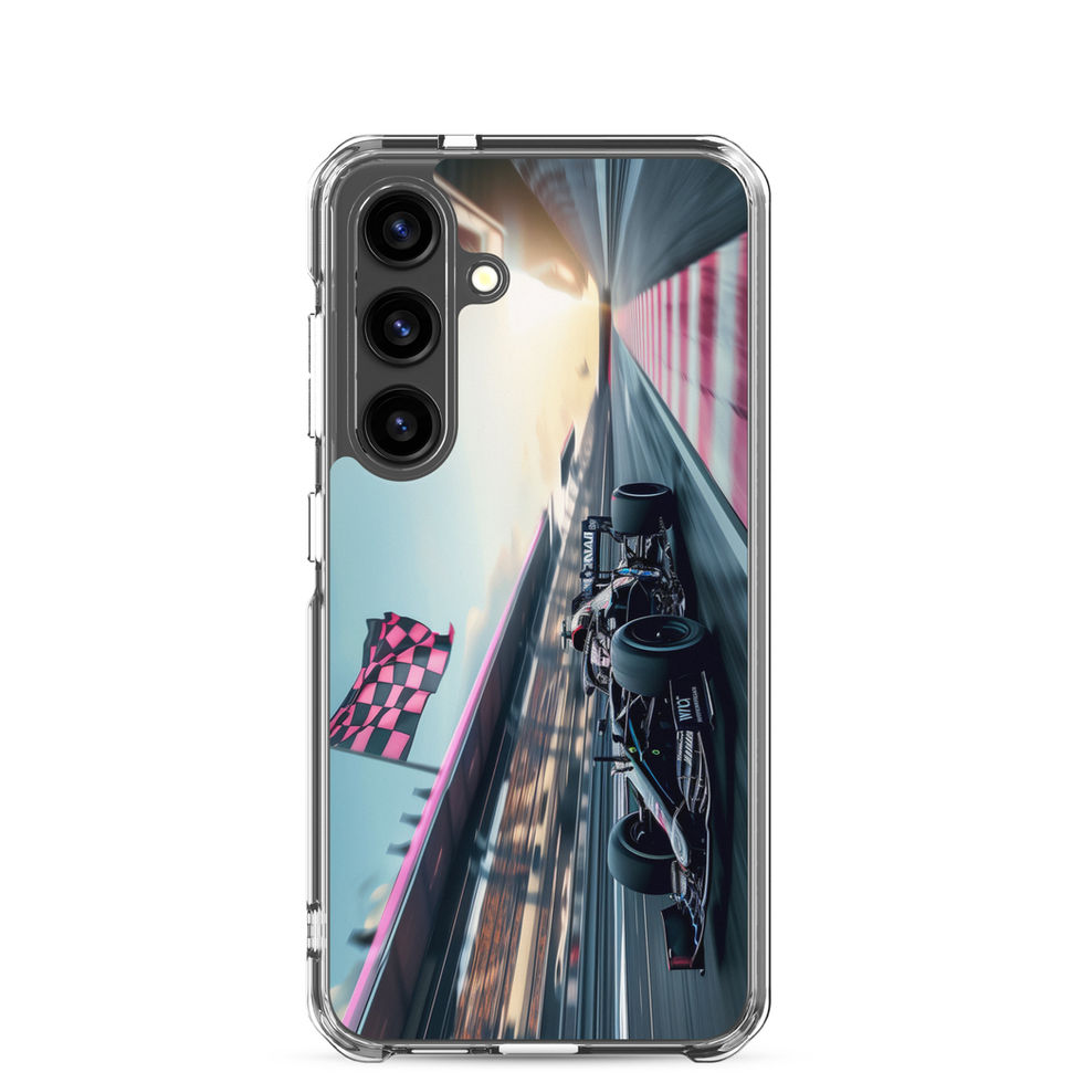 Blackout Champion Clear case for Galaxy S24, dark race car and pink flags, phone and case on white