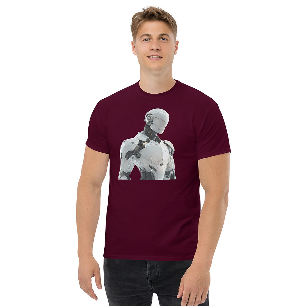 Cyber Sentinel Sideways Robot: maroon unisex classic T-shirt with silver robot looking sideways, on model