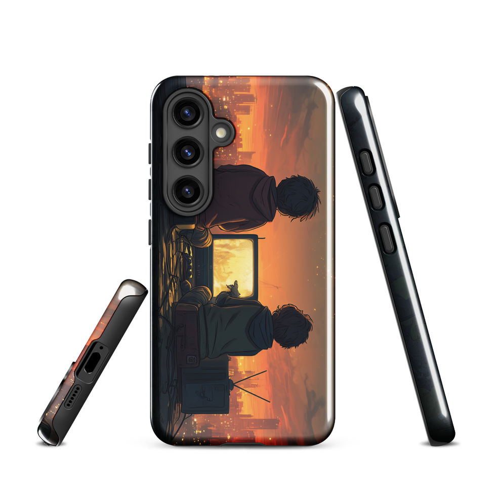 Rooftop Retro Nights neon rooftop gaming artwork on Samsung Galaxy S24 Plus tough phone case, angled view, gallery image 7