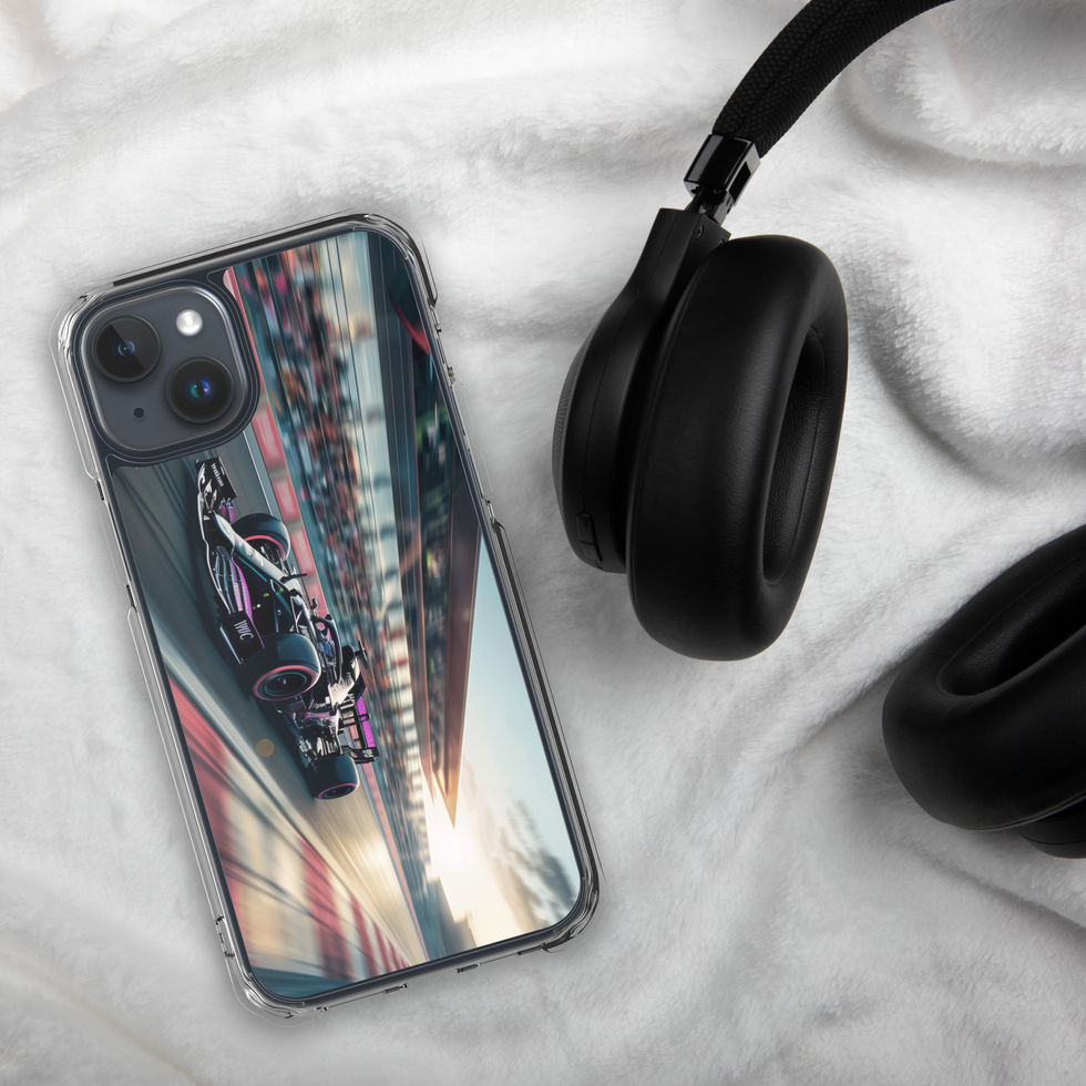 Black n Purple Power Clear case for iPhone 15 Plus, purple race car, headphones on grey fabric