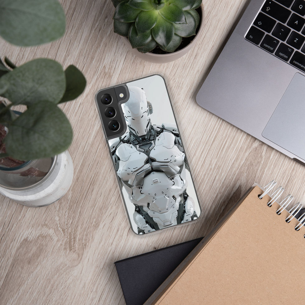 Aegis Prime clear Samsung case – side-angle product view displaying the futuristic AI guardian design