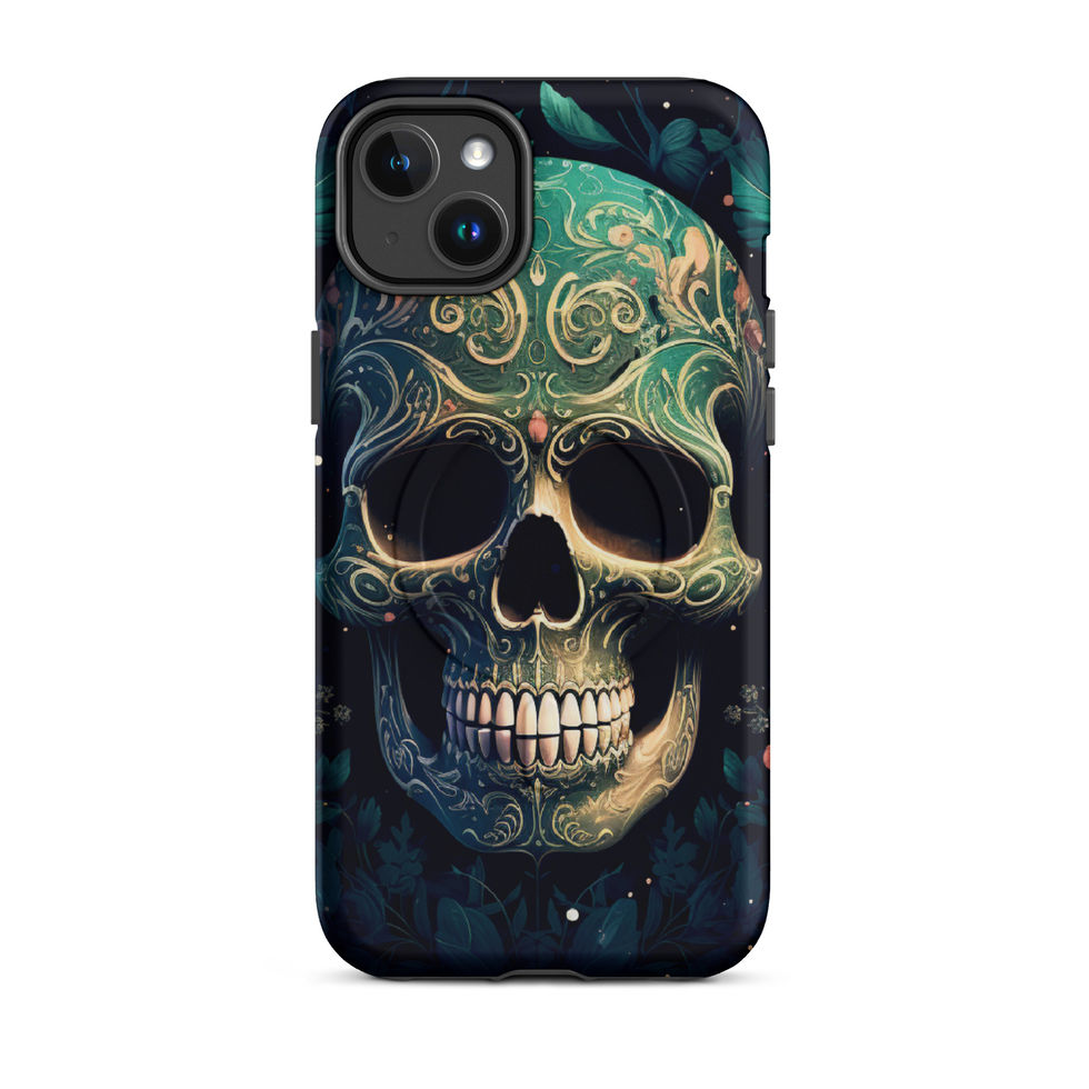 Emerald Requiem MagSafe iPhone case showing deep black eye sockets framed by turquoise flourishes