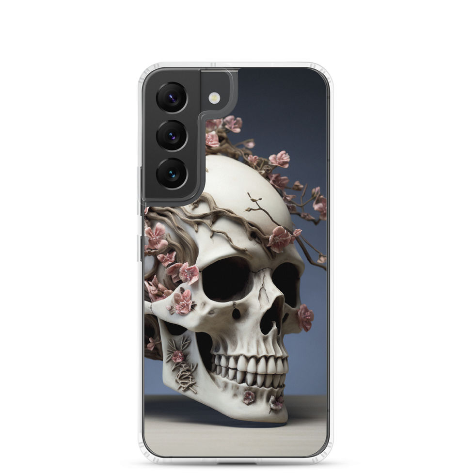 Gothic floral artwork across a Samsung case back with a pale skull and soft rose-coloured flowers