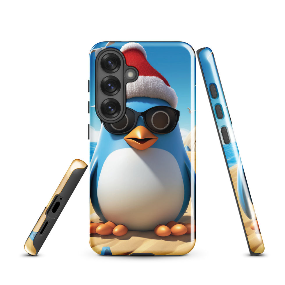 Beach penguin-mockup-18 showing Sandy Chill artwork on a Samsung tough phone case