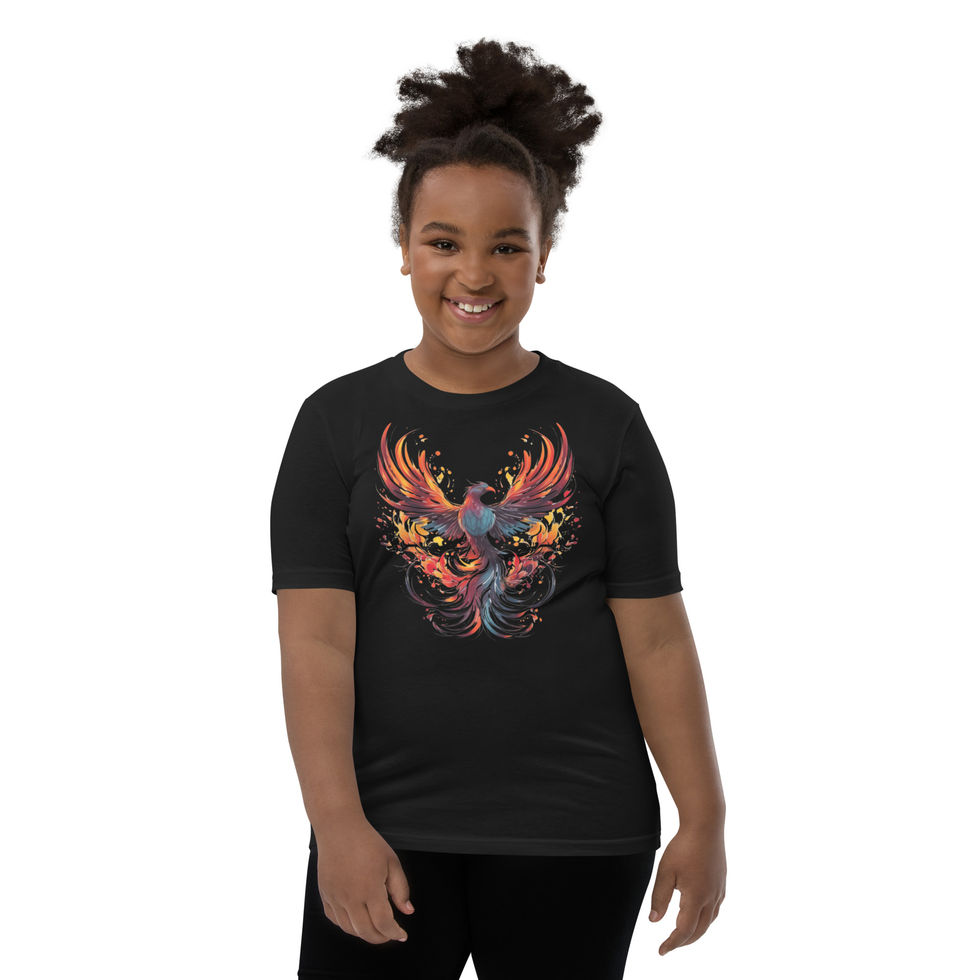 Rising Phoenix cutout: black youth short-sleeve T-shirt with a fiery phoenix with spread wings, worn by child