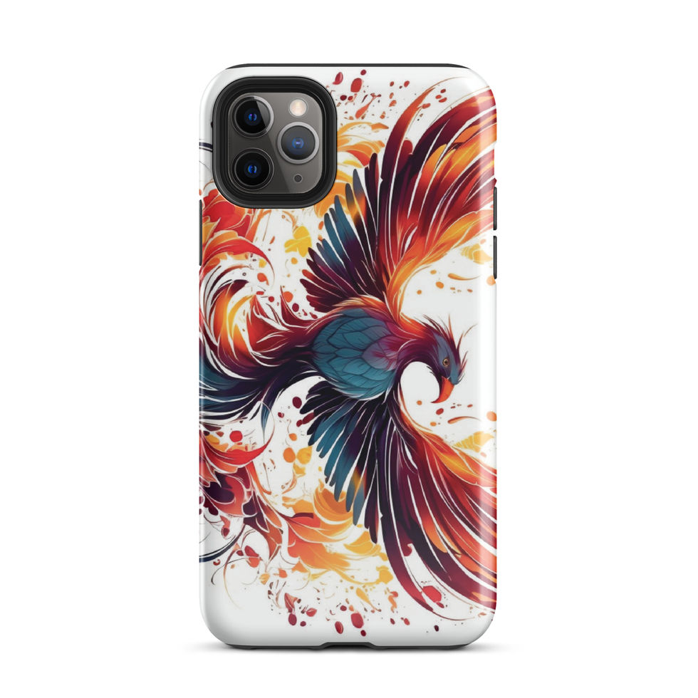 Reborn phoenix-mockup-04 showing Blazing Rebirth artwork on an iPhone tough phone case