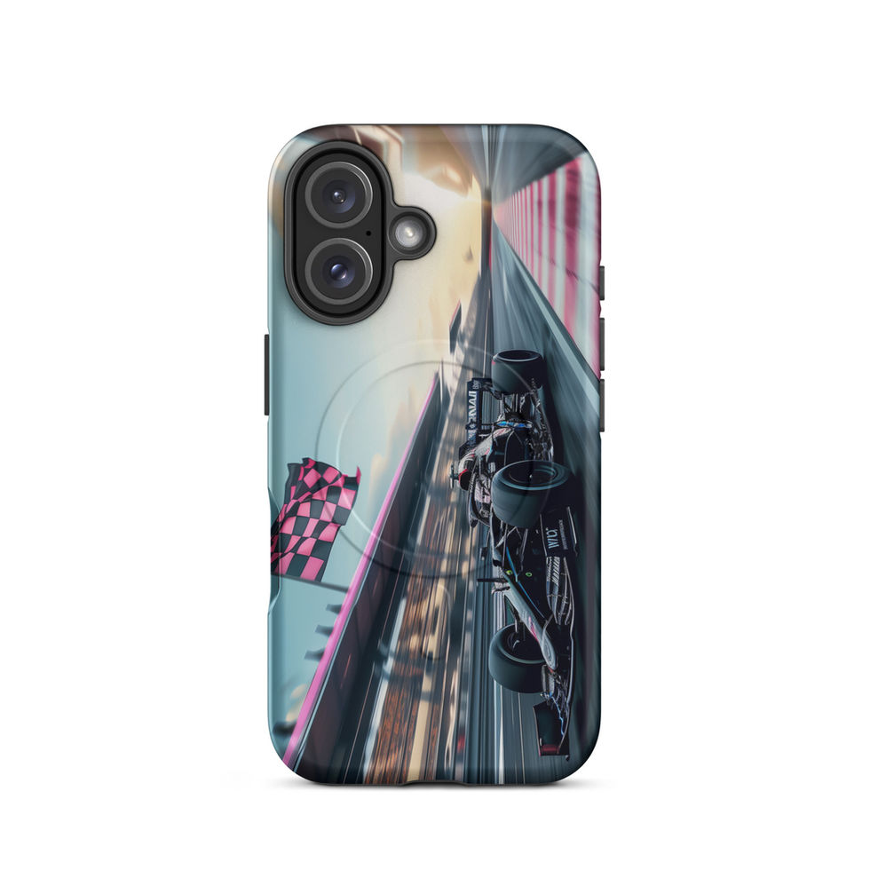 Blackout Champion MagSafe Tough case for iPhone 16, dark race car and pink flags, rear view on white