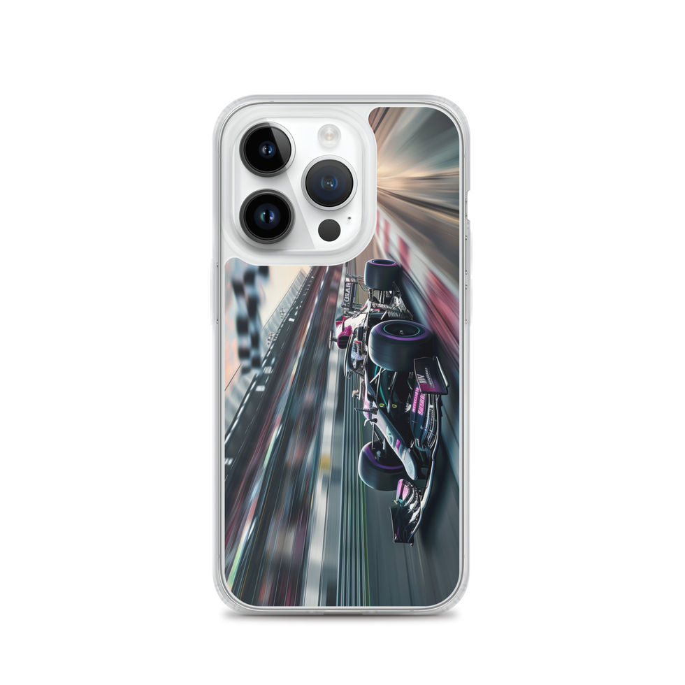 Midnight Velocity Clear case for iPhone 14 Pro, race car and night lights, phone and case on white