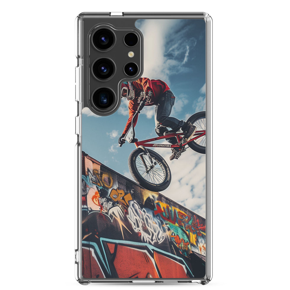 Graffiti Air Clear case for Galaxy S24 Ultra, BMX rider above graffiti ramp, with phone beside case on white