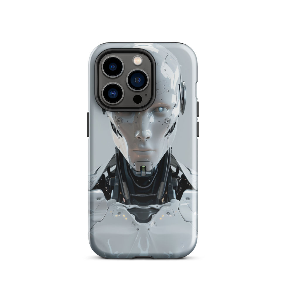 silver guardian face artwork on iPhone dual-layer tough case, upright studio product view