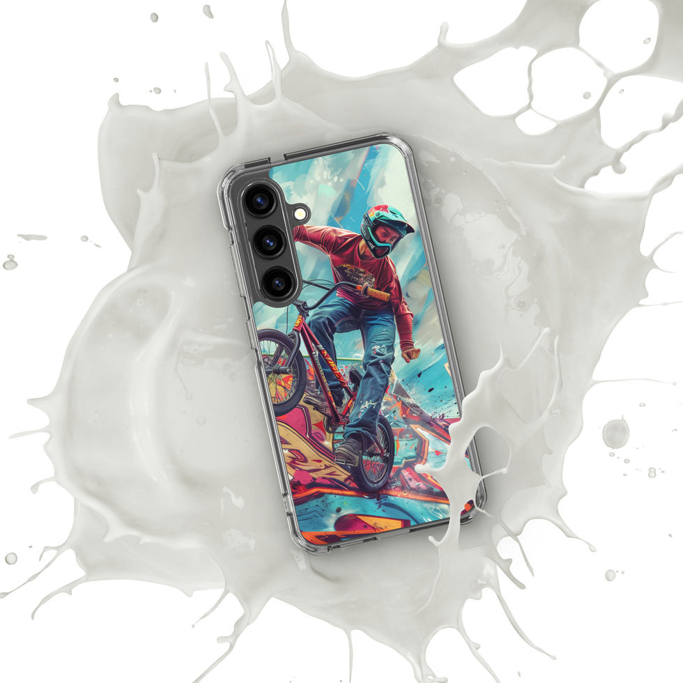 Ramp Rebel Clear case for Galaxy S24, red-jacketed BMX rider and graffiti, blue paint splash