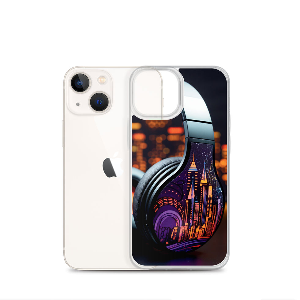 Neon Skyline clear iPhone case with orange-lit buildings and purple headphone detail, gallery image 17 of 50