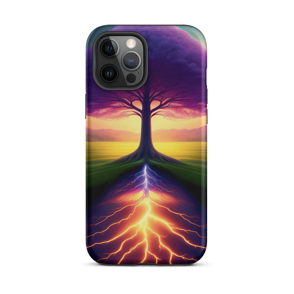 Ethereal Roots tough case for iPhone showing magenta sky behind a slender tree trunk.