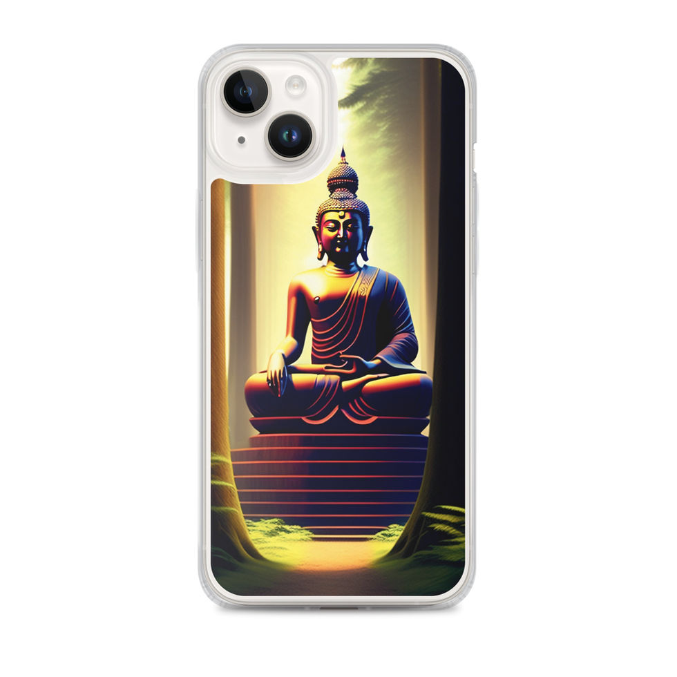 Praying Buddha iPhone clear case, showing a tiered base beneath the seated Buddha.