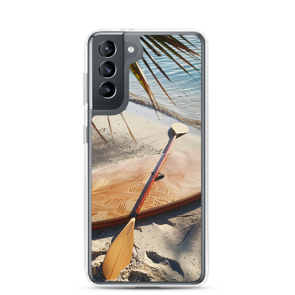 Driftwood Escape Clear case for Samsung showing weathered wood tones beside the shore